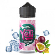 A bottle of Blizzard Series Passion Fruit YETI 100ML E-Liquid with ice cubes and passion fruit depicted around it, indicating a tropical and icy flavor.